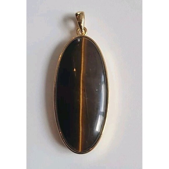Tiger’s Eye Natural Stone Pendant Handmade Oval Shiny Gold Tone Setting - Picture 2 of 12